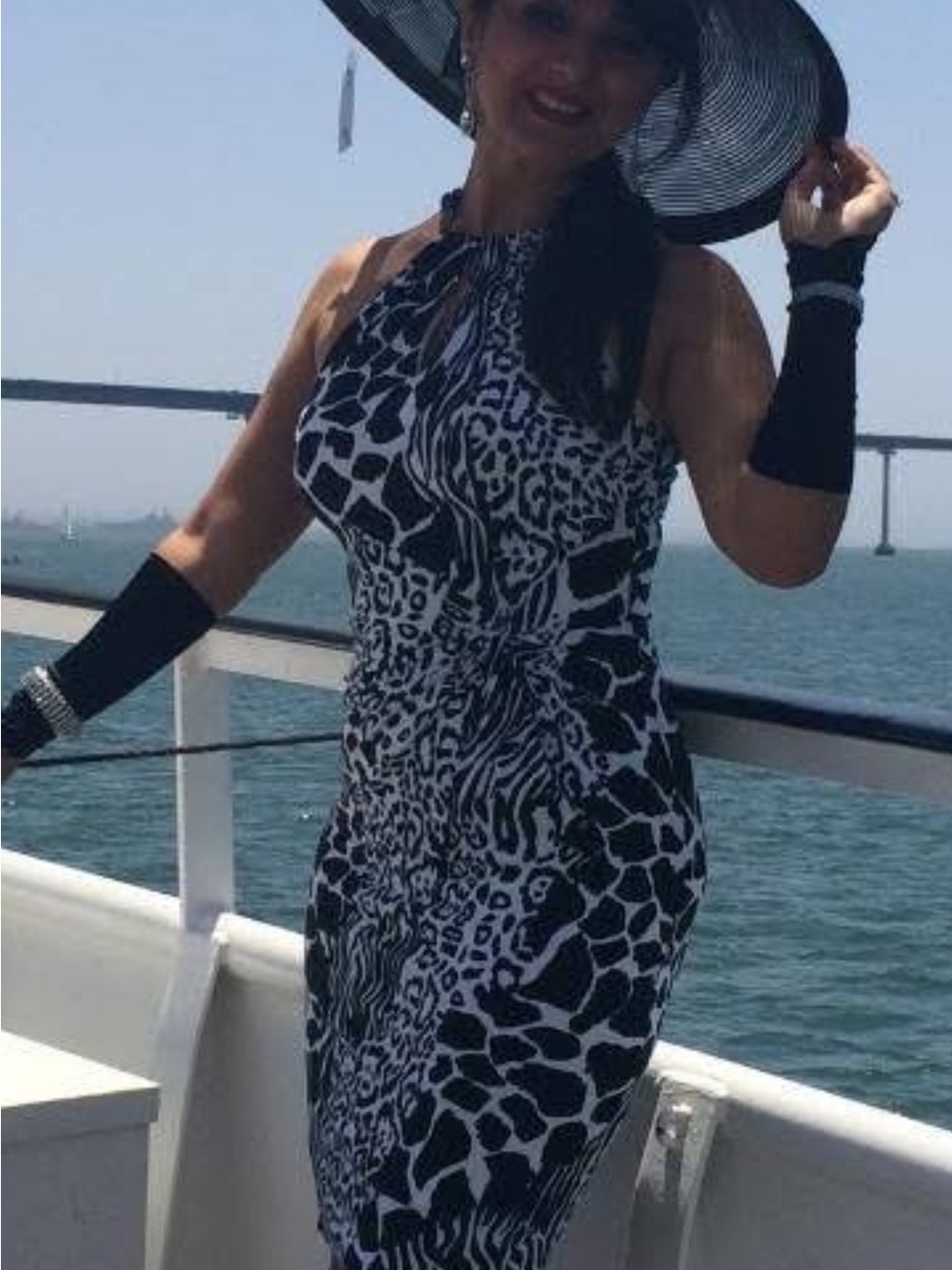 Cache Black and White Animal Print Midi Dress